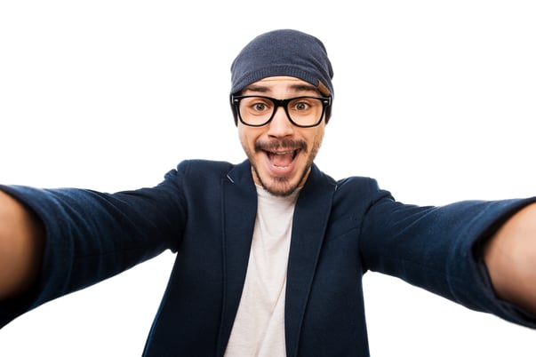 man with big smile geek chic